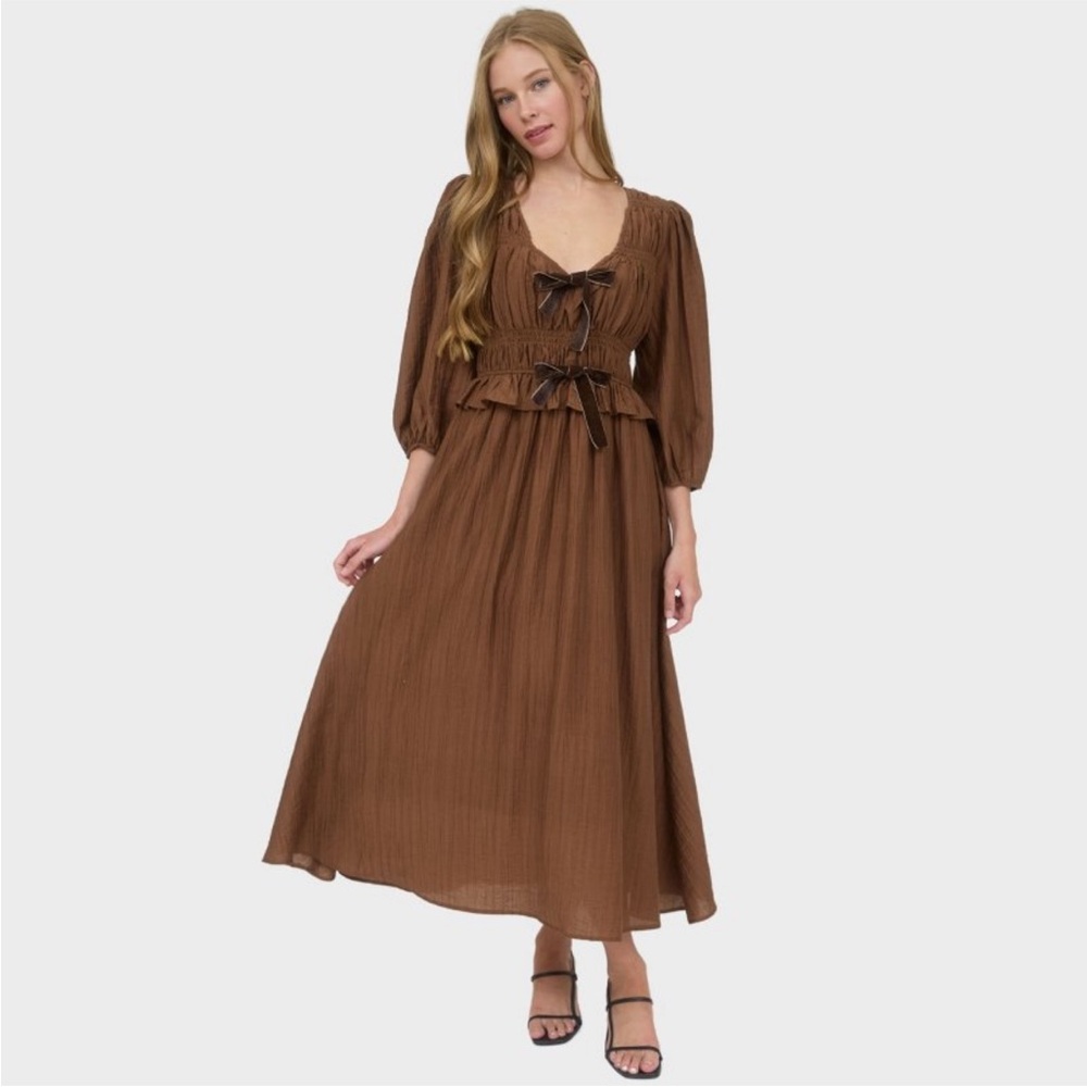 August Sky Brown Bow Elegant Brown Maxi Dress